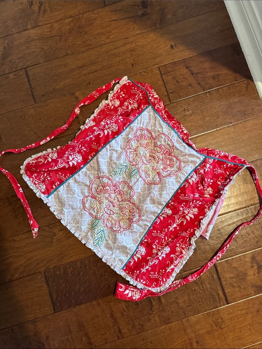 Red Floral Anthropologie Half Apron with Embroidered Flowers